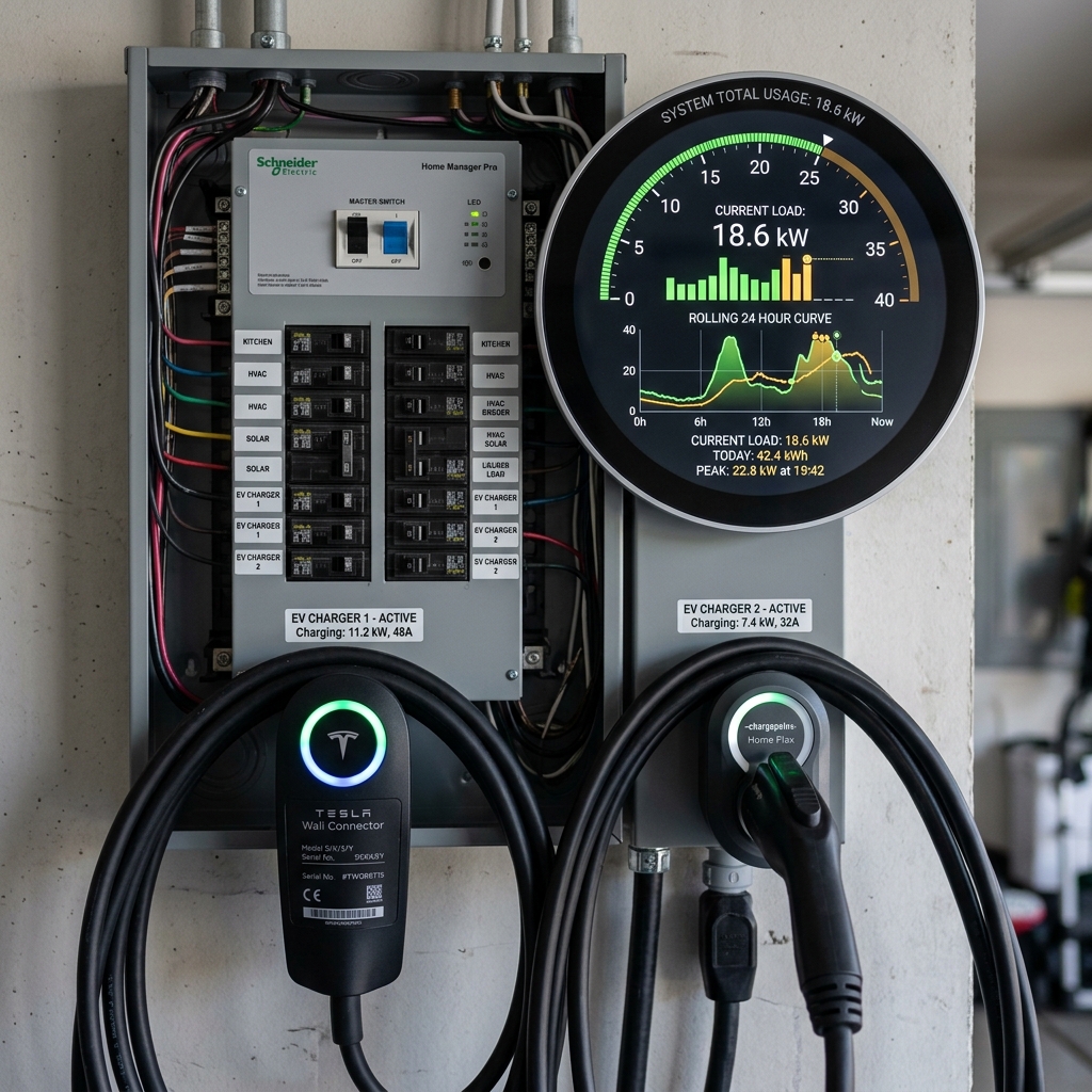Home electrical panel with load monitoring indicators and EV charger cables