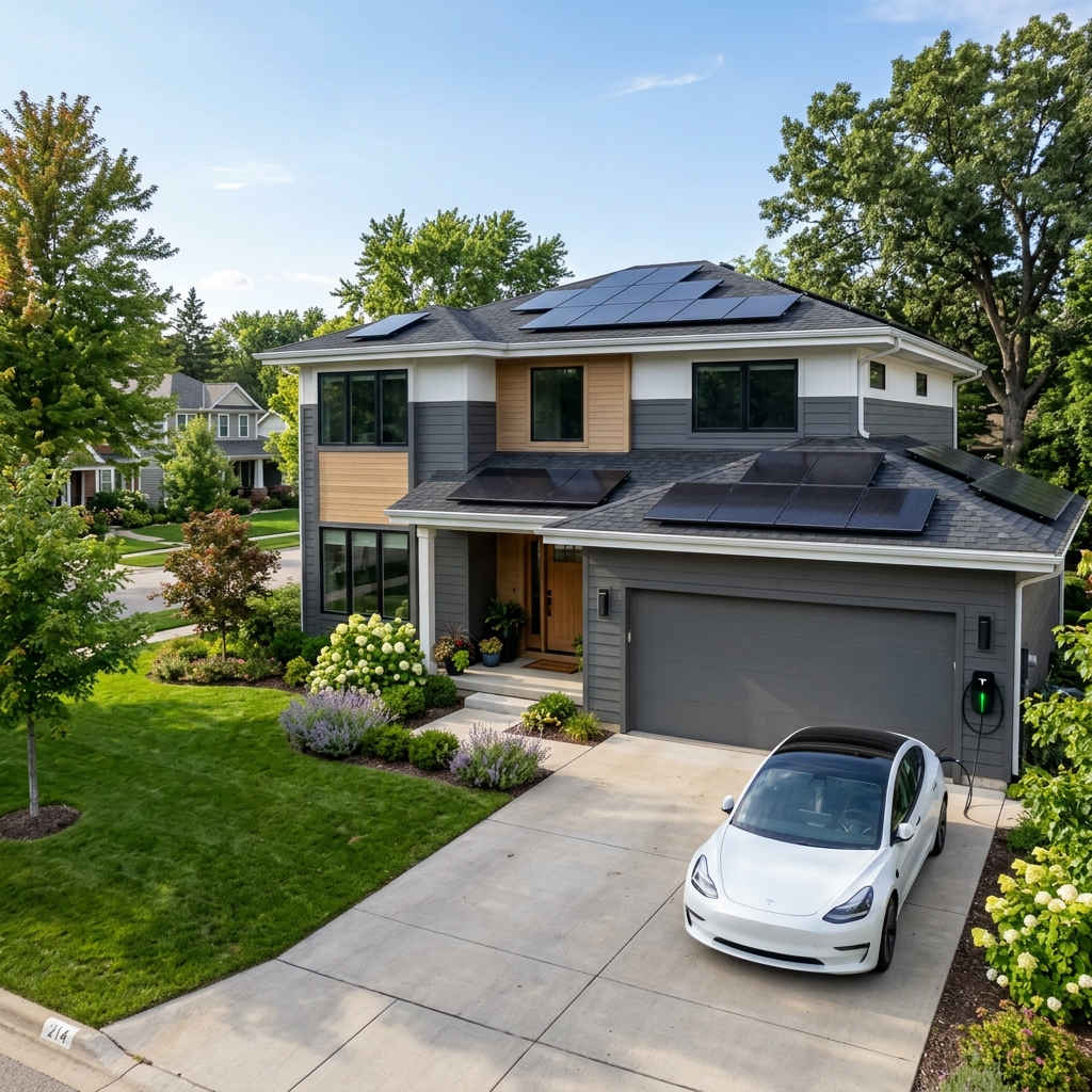 Residential solar panels with EV charger cable in foreground