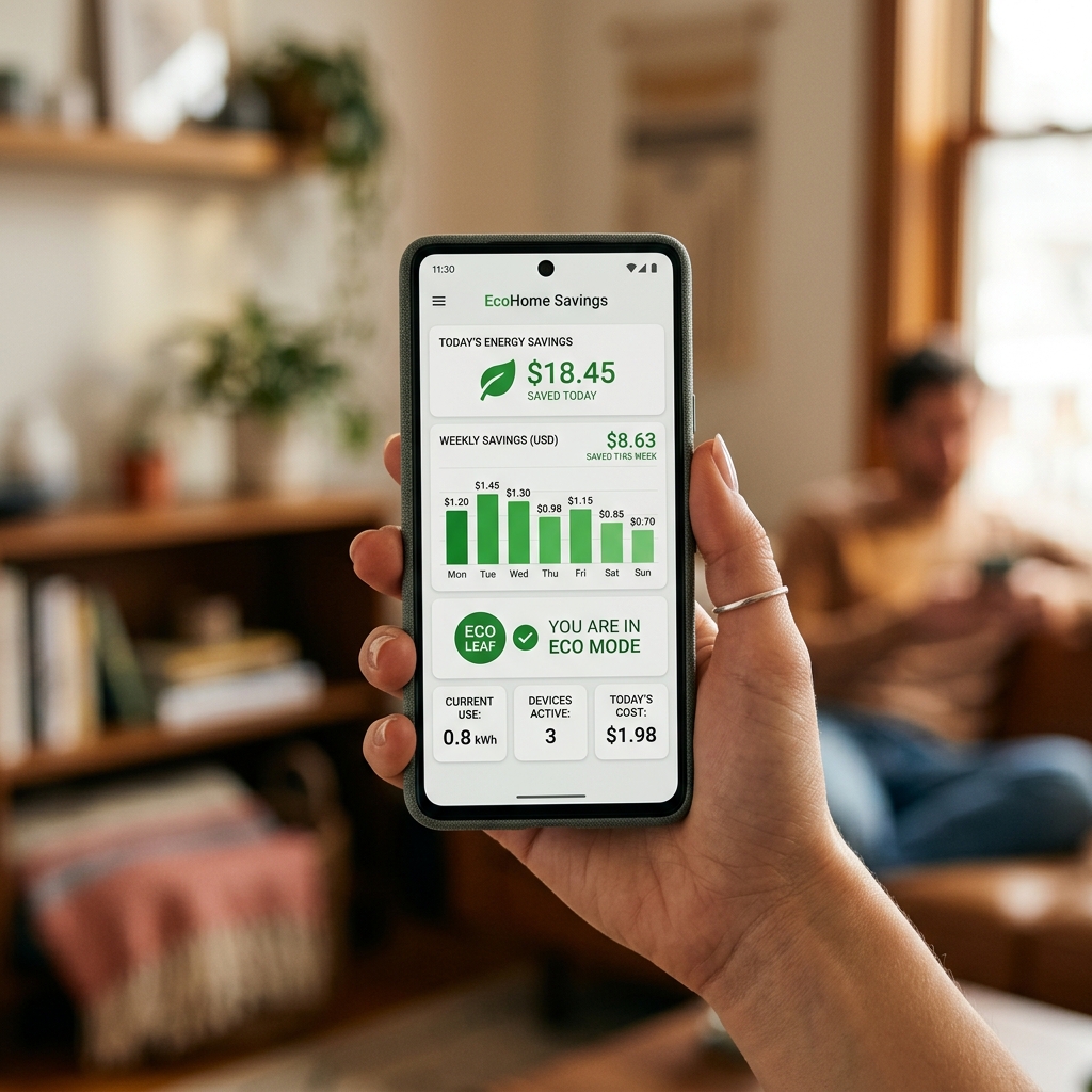 Smart home app showing energy savings and scheduled EV charging times